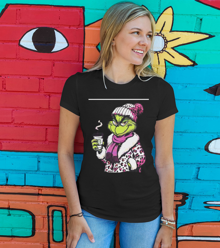 Grinchy And Bougie In Pink Leopard With Coffee Cup T-Shirt