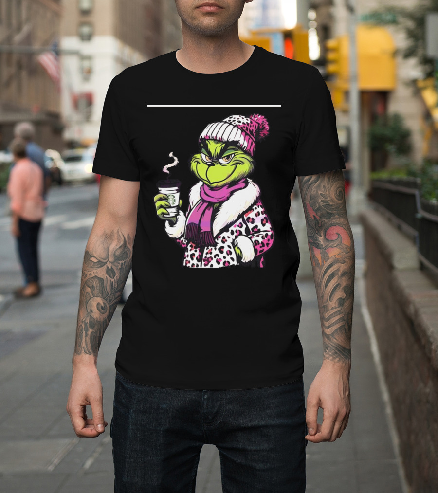 Grinchy And Bougie In Pink Leopard With Coffee Cup T-Shirt