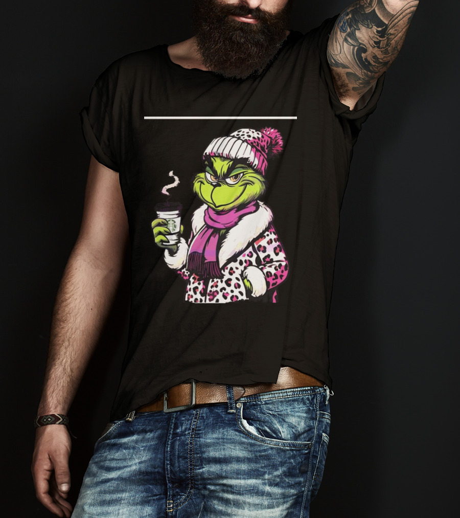 Grinchy And Bougie In Pink Leopard With Coffee Cup T-Shirt