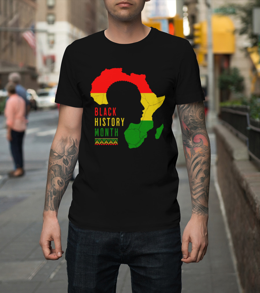 Black History Month African Continent Map With Red Yellow Green Colors And Afro T-Shirt