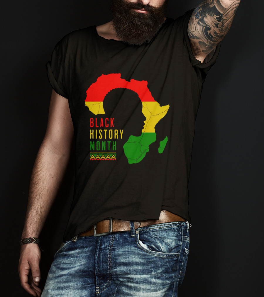 Black History Month African Continent Map With Red Yellow Green Colors And Afro T-Shirt