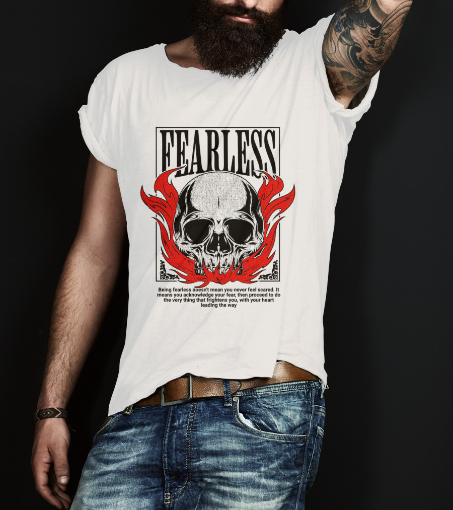 FEARLESS Skull With Red Flames Street Wear T-Shirt