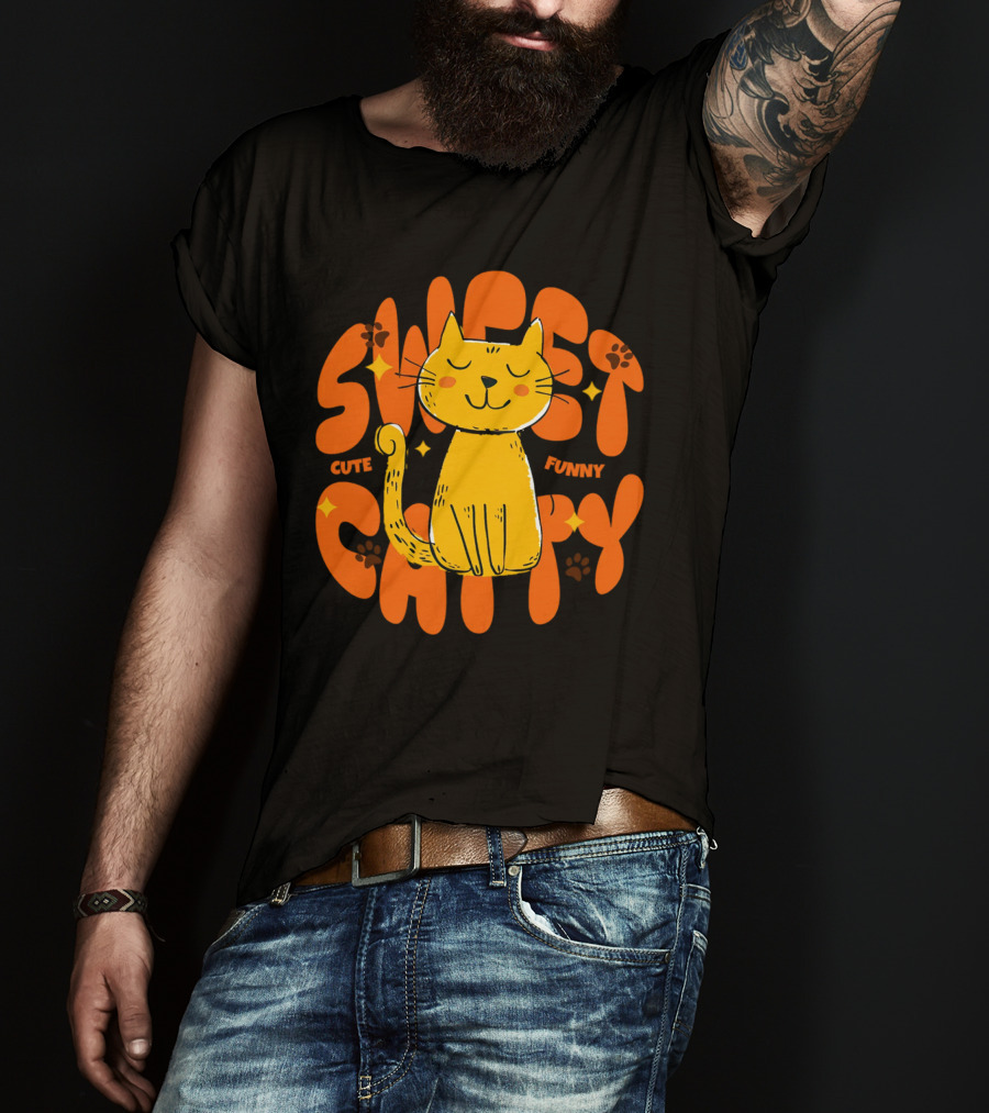 Cute Funny Sweet Cat Happy Yellow Cat With Paw Prints T-Shirt