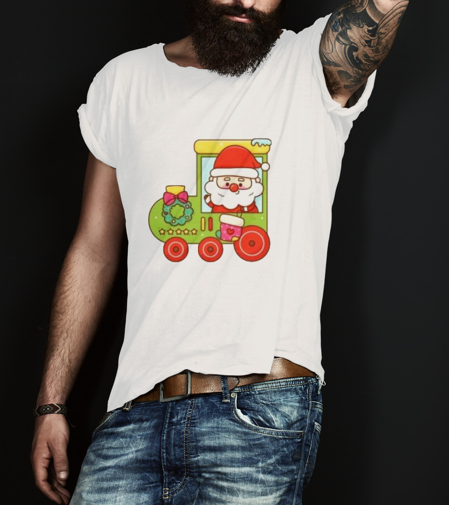 Santa Cute Christmas Train With Wreath And Stars T-Shirt