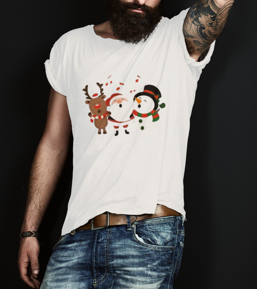 Santa Reindeer And Snowman Singing Christmas Carols Together T-Shirt