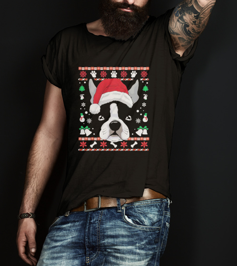 Ugly Christmas Boston Terrier In Santa Hat With Snowflakes And Paw Prints T-Shirt