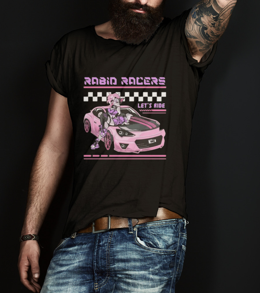 Rabid Racers Let’s Ride Pink Anime Style Racer Girl With Wufu License Plate T-Shirt