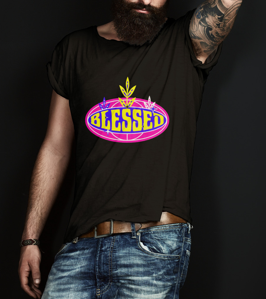 Blessed Vibrant Retro Style Oval Emblem With Leaves T-Shirt