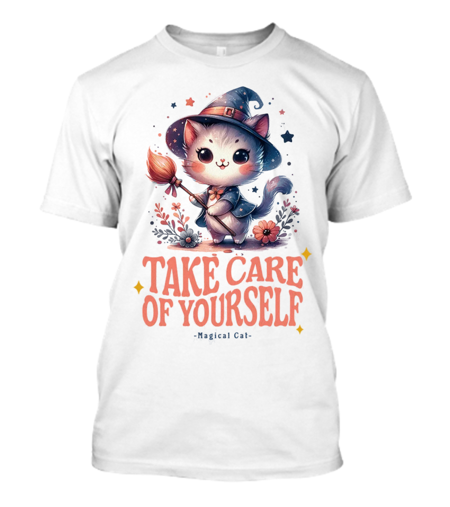 Take Care Of Yourself Magical Cat Wizard Hat Broomstick T-Shirt