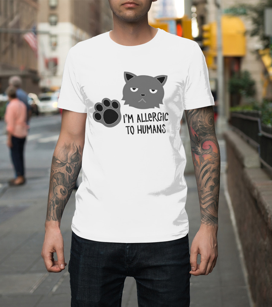 Cat I'm Allergic to Humans Shirt with Grumpy Feline Face and Paw Prints T-Shirt