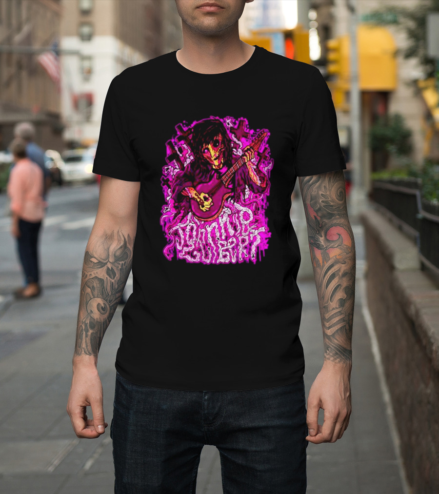 Zombie Johnnie Guilbert Playing Guitar with Pink Crosses and Skull T-Shirt