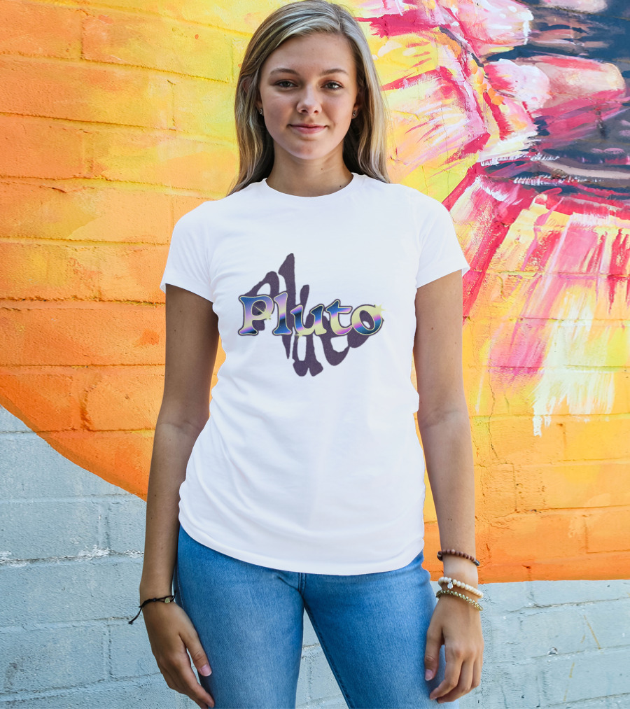 Pluto Colorful Gradient Cosmic Text With Shadow Effect T-Shirt