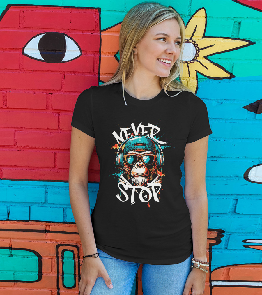 NEVER STOP Cool Monkey In Headphones T-Shirt