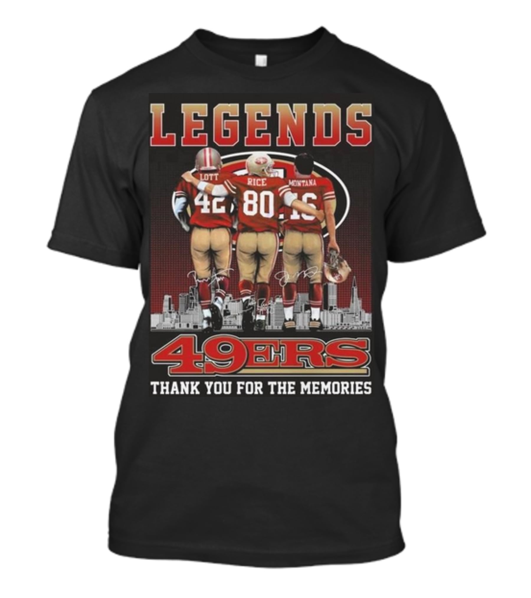 49ers Legends Montana Rice Lott Thank You For The Memories Skyline Signatures T-Shirt