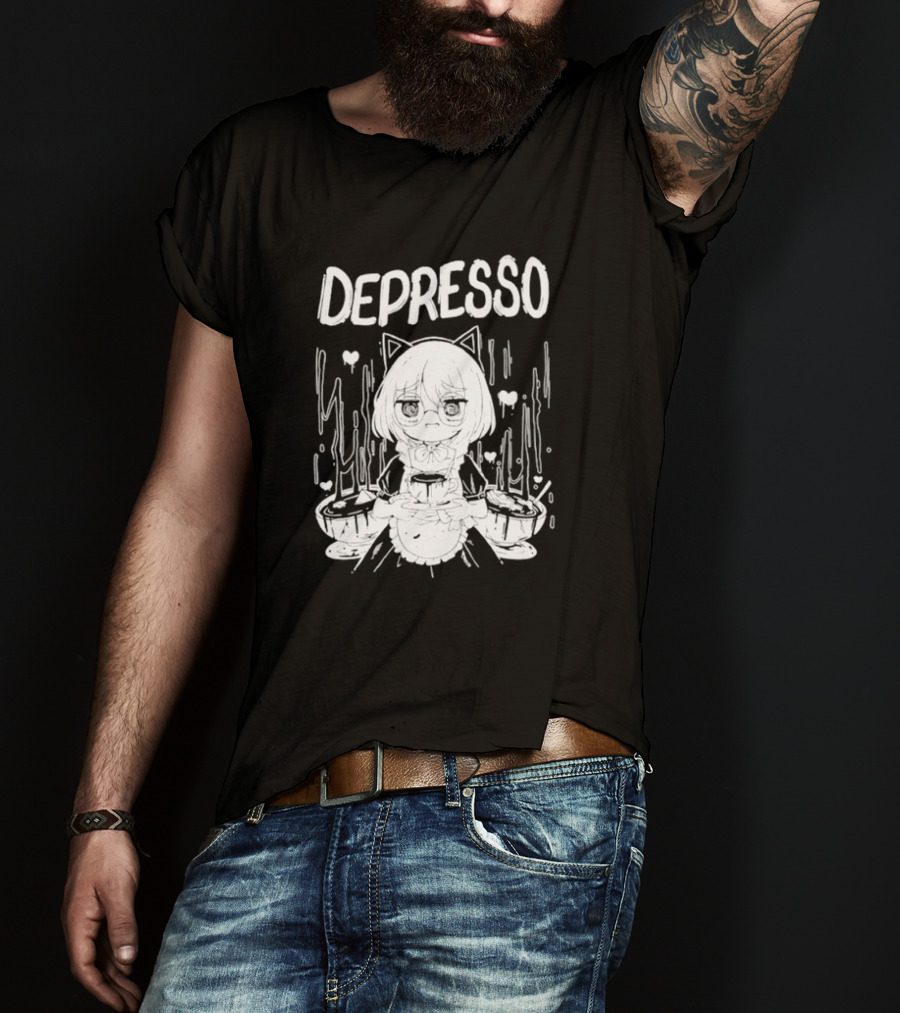 Depresso Cat-Eared Maid With Coffee Cups And Sad Expression T-Shirt
