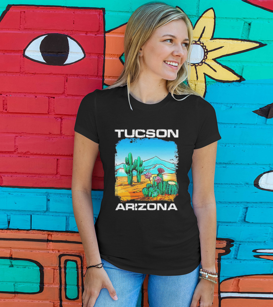 Tucson Arizona Retro Desert Scene With Cactus And Mountains T-Shirt