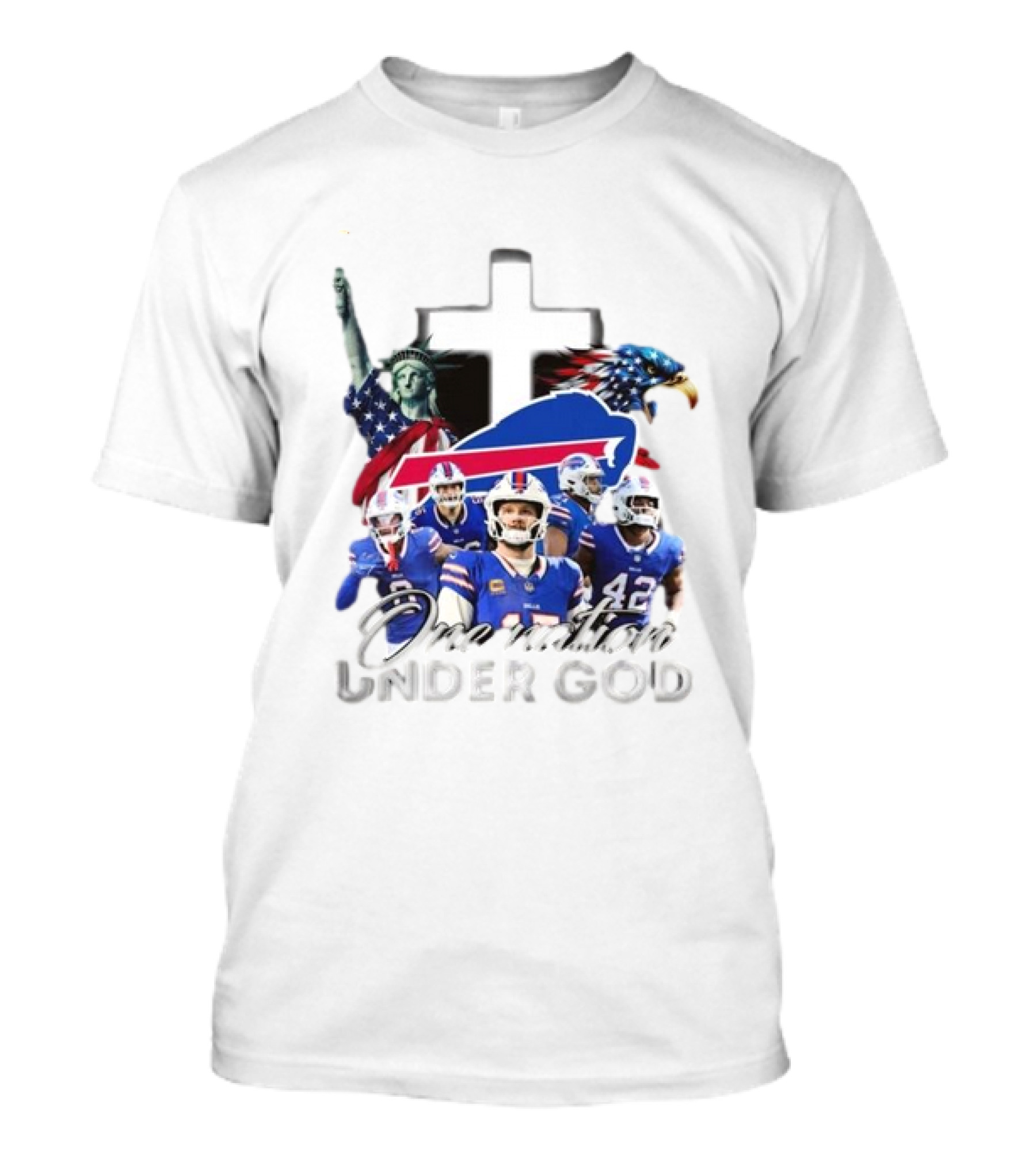 Buffalo Bills One Nation Under God American Flag Eagle Cross Statue Of Liberty Football Players T-Shirt
