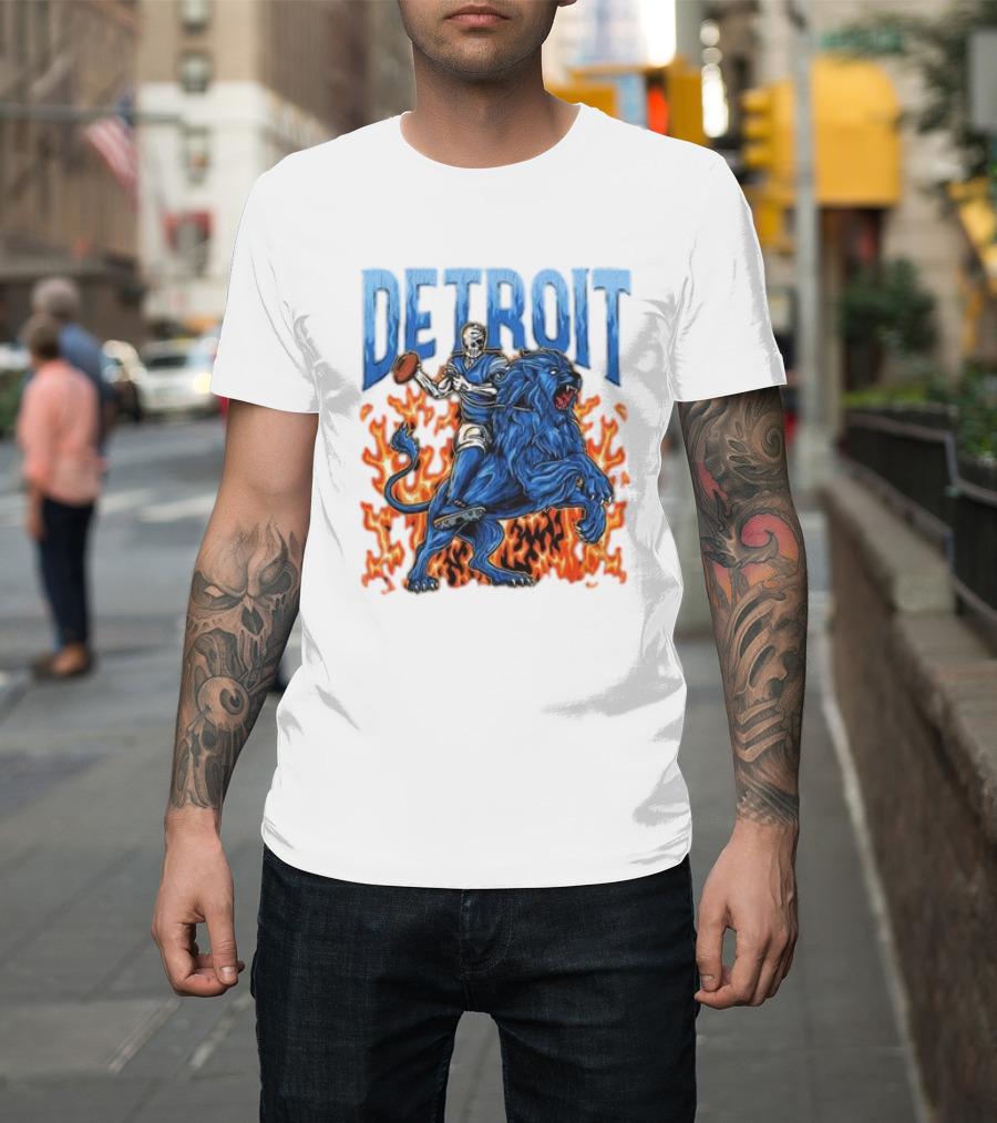 Detroit Lions Skeleton Quarterback Riding Flaming Blue Lion T-Shirt