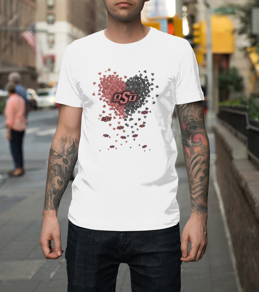 OSU Oklahoma State Cowboys Heart Design Filled with Red and Gray Hearts T-Shirt