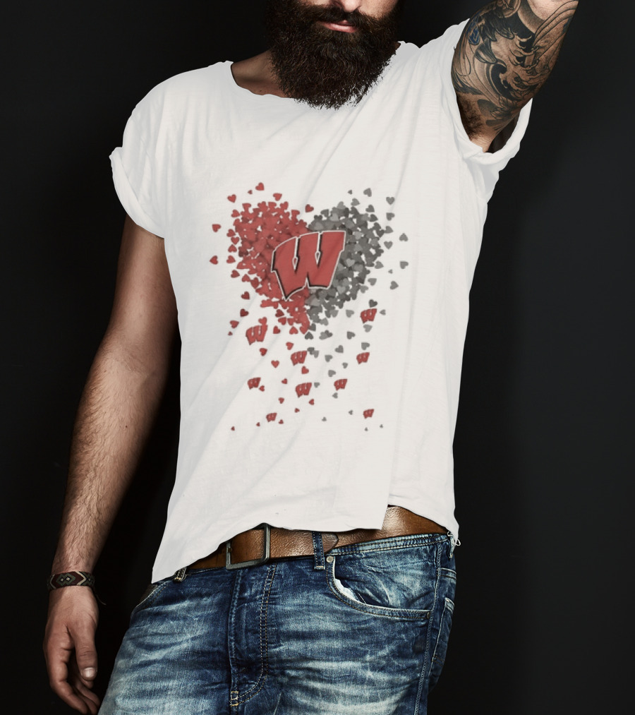 Heart Full Of Wisconsin Badgers Logo With Falling Hearts T-Shirt
