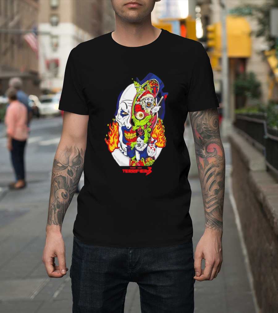 Damien Leone’s Terrifier 3 Clown Mask Horror Flaming Skull Comic T-Shirt