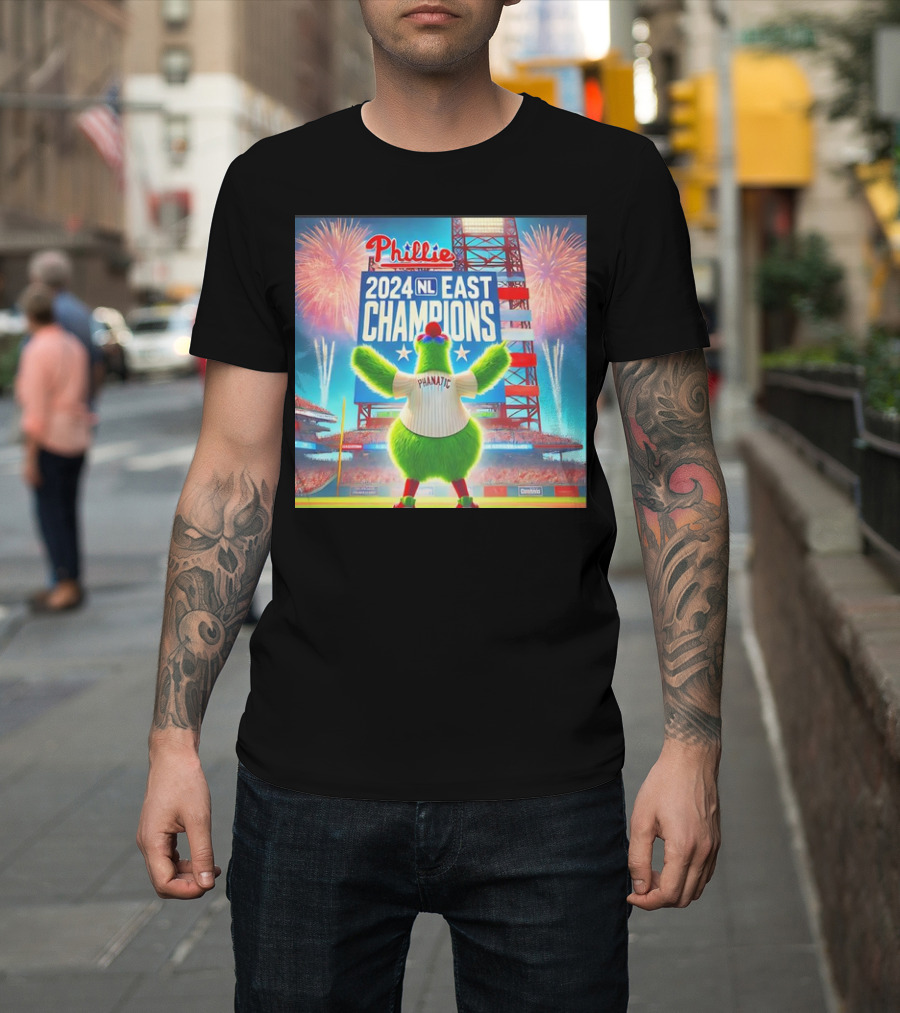 Phillies 2024 NL East Champions with Phanatic Mascot and Fireworks T-Shirt