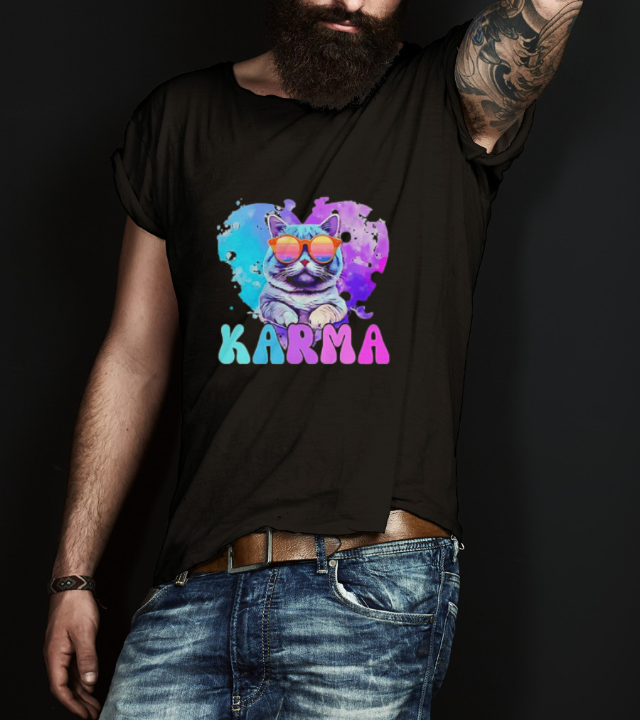 Cat Lover Karma Heart Shape Retro Sunglasses T-Shirt