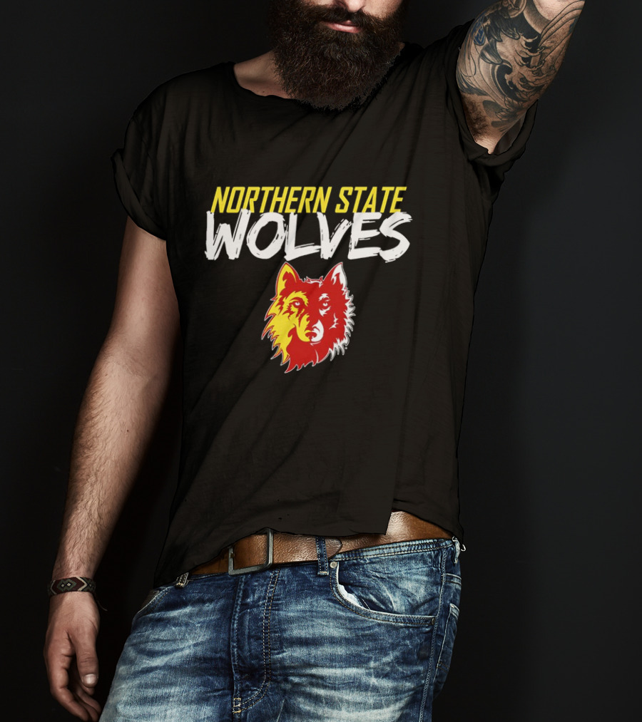 Northern State Wolves Yellow And Red Graffiti Wolf Face T-Shirt