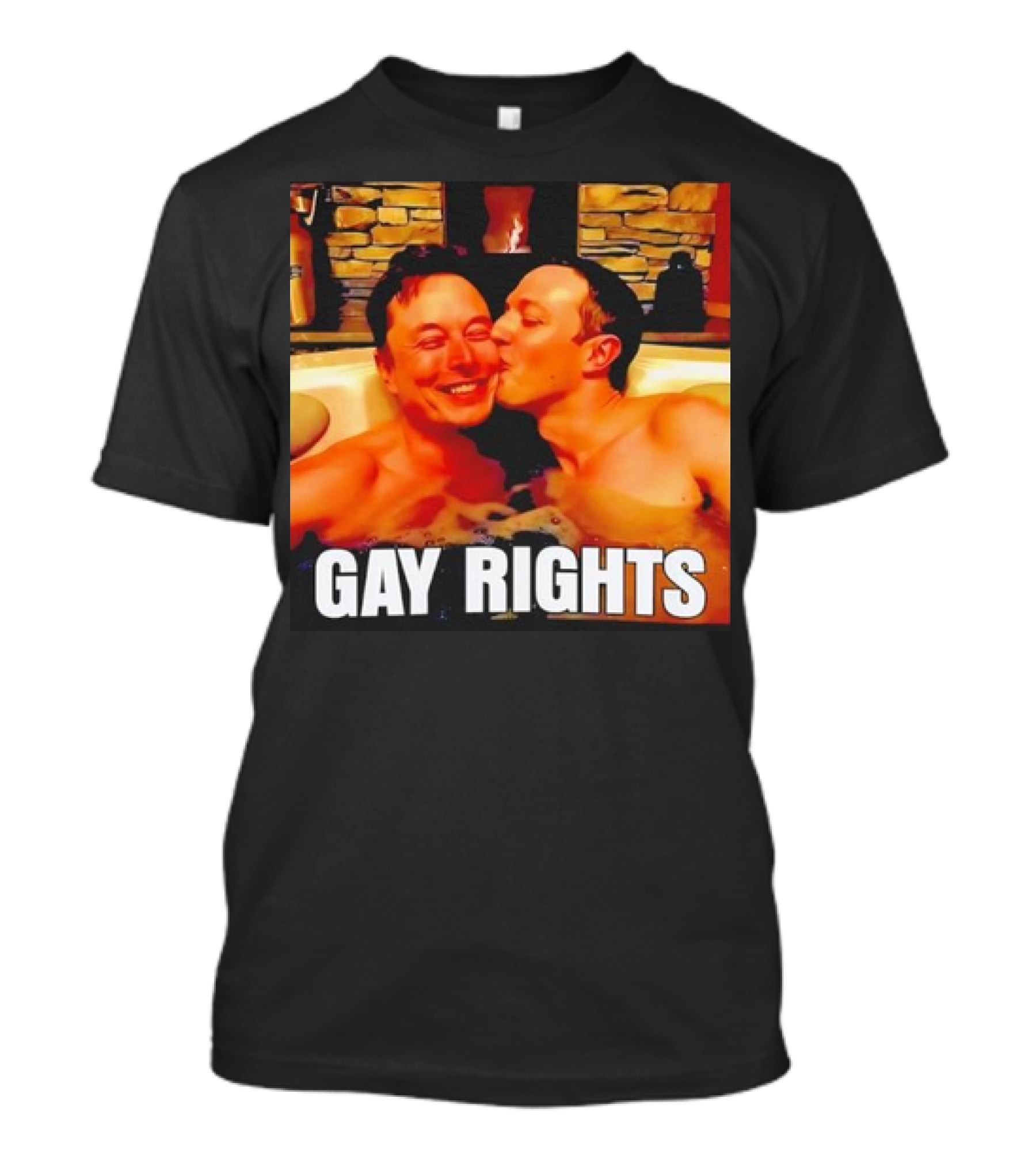 GAY RIGHTS Elon Musk Mark Zuckerberg Kissing Hot Tub Fireplace T-Shirt