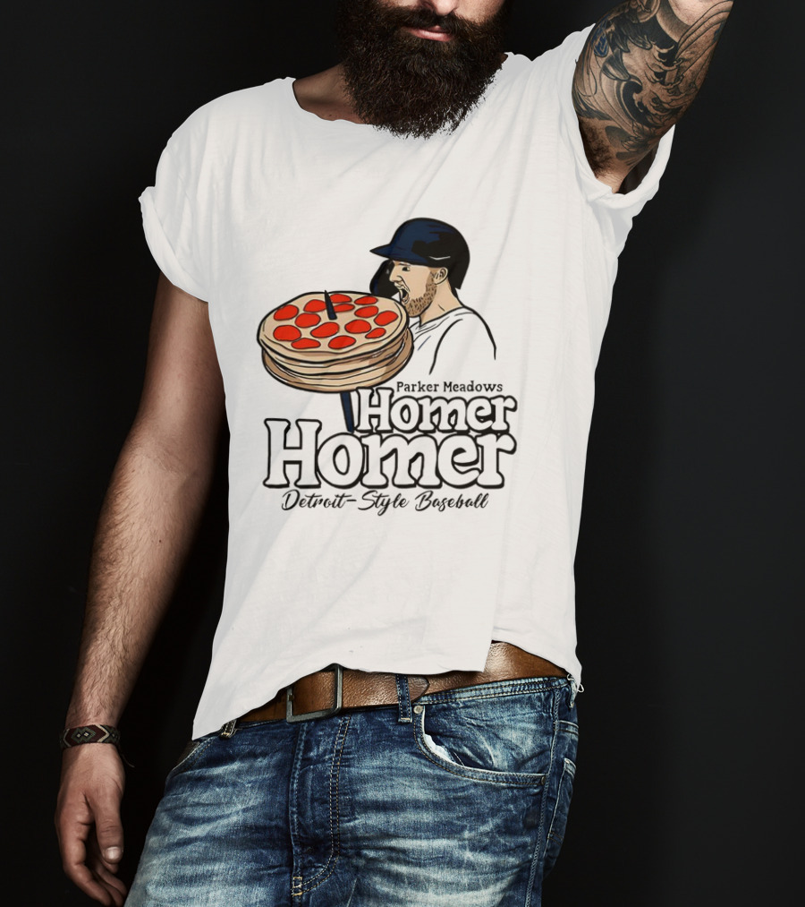 Parker Meadows Homer Homer Detroit-Style Baseball Pizza T-Shirt