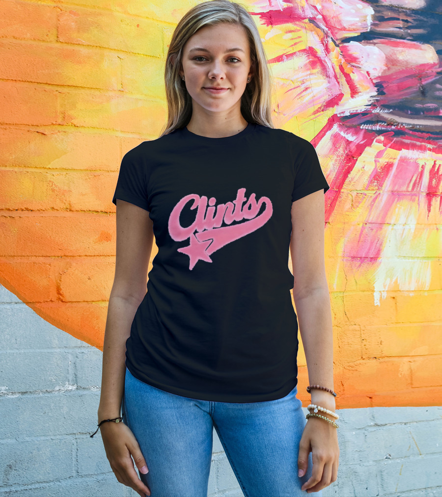 Clints Pink Fuzzy Star Script T-Shirt