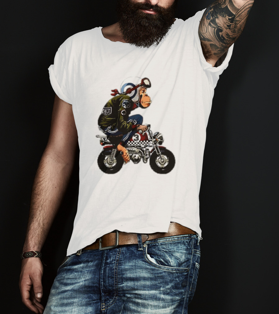 Monkey Riding Checkered Mini Bike Cartoon T-Shirt