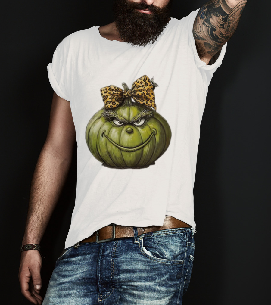 Retro Vintage Leopard Bow Grinch Pumpkin T-Shirt