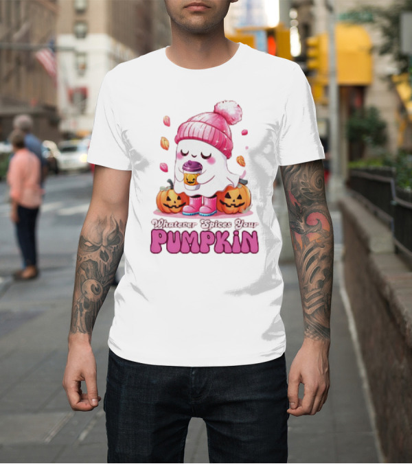 Shirt: Ghost in Pink Beanie with Coffee and Pumpkins Whatever Spices Your Pumpkin T-Shirt Ghost in Pink Beanie with Coffee and Pumpkins Whatever Spices Your Pumpkin T-Shirt