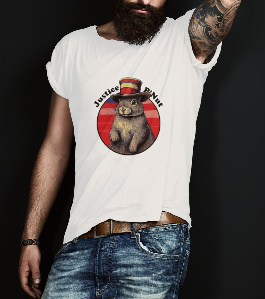 Justice P’Nut Squirrel Wearing Vintage Hat With Red Blue Stripes T-Shirt