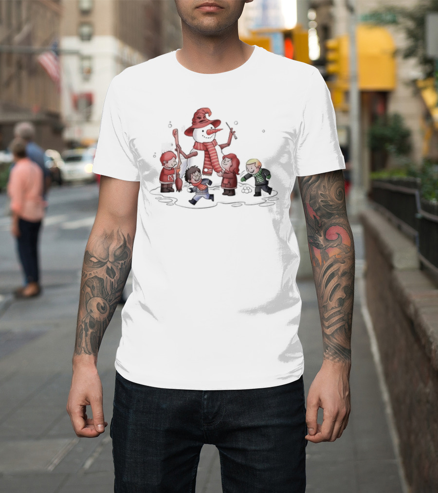 Young Wizard Students Building Snowman in House-Themed Scarves and Hats T-Shirt