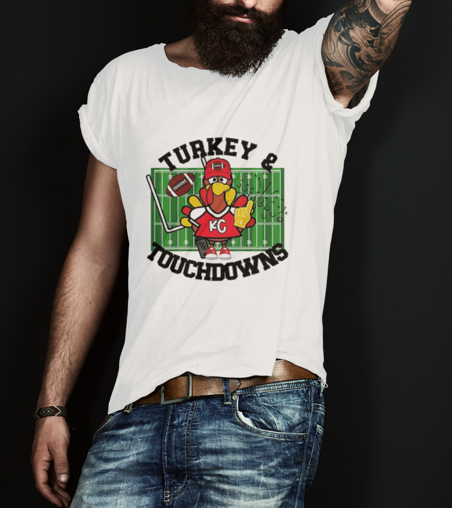 Turkey And Touchdowns Kansas City Chiefs Football Field Cartoon T-Shirt