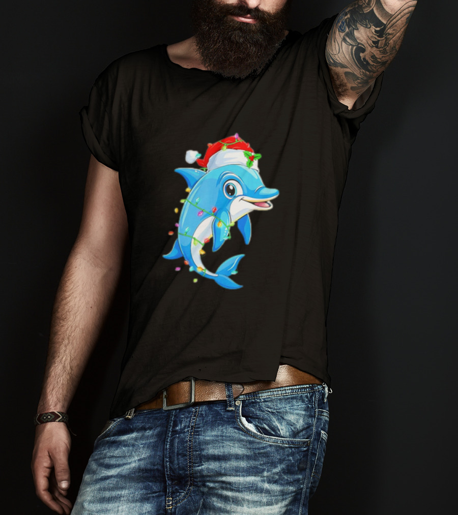 Dolphin In Santa Hat Wrapped In Christmas Tree Lights Pajamas T-Shirt