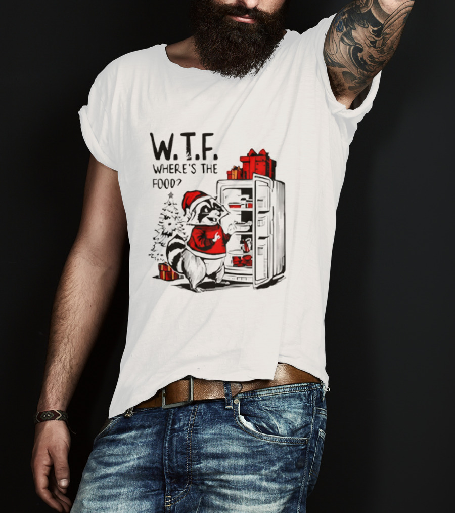 W.T.F. Where's The Food Christmas Foodie Raccoon With Fridge And Santa Hat T-Shirt