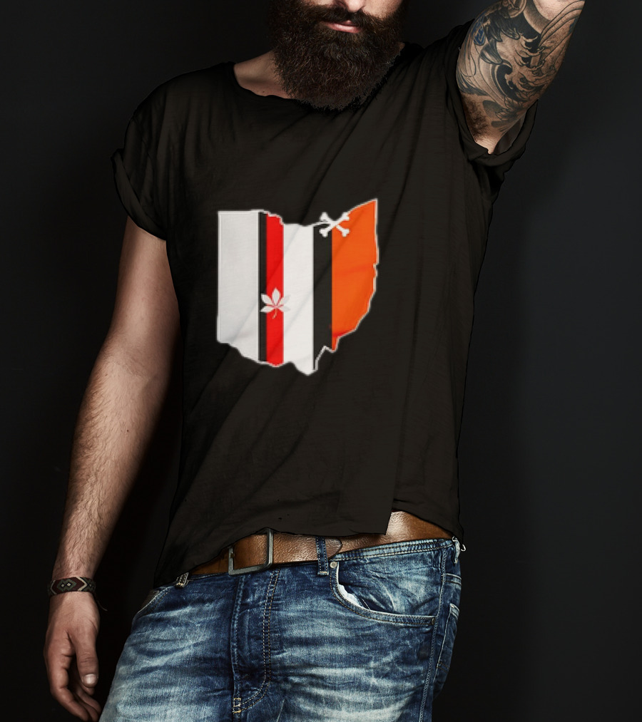 Ohio Map Stripes Football Buckeye Leaf Browns Colors T-Shirt