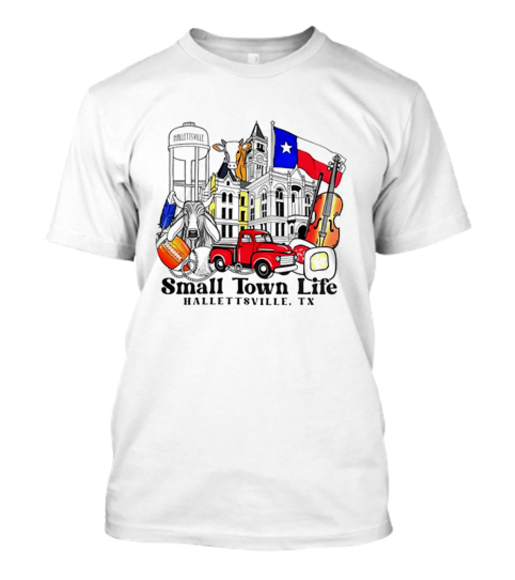 Small Town Life Hallettsville TX Water Tower Historic Courthouse Red Truck Texas Flag Cow Guitar T-Shirt