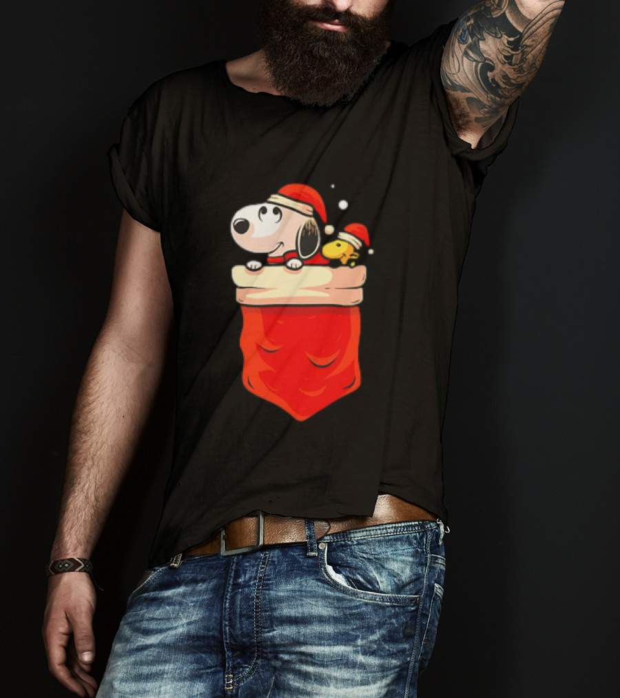 Snoopy And Woodstock Christmas Santa Hats In Red Pocket T-Shirt