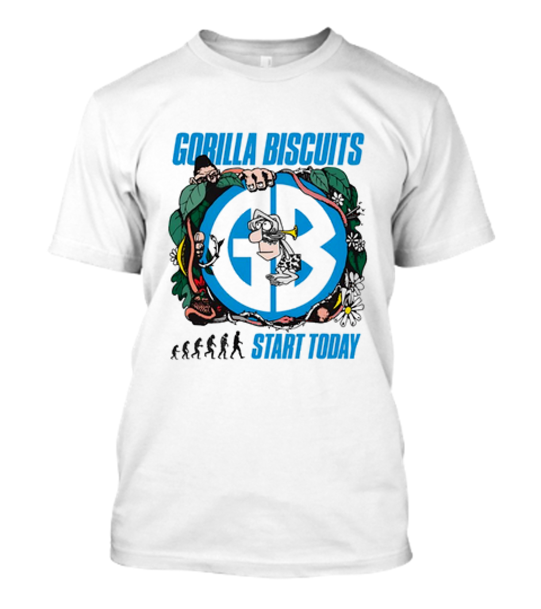 Gorilla Biscuits Start Today Evolution Theme Logo With Characters And Nature Elements T-Shirt