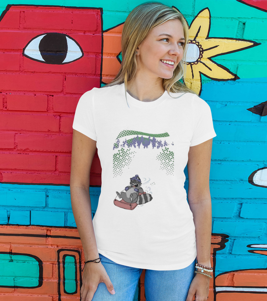 Raccoon Sledding In Winter Forest Scene With Evergreen Trees And Snowflakes T-Shirt