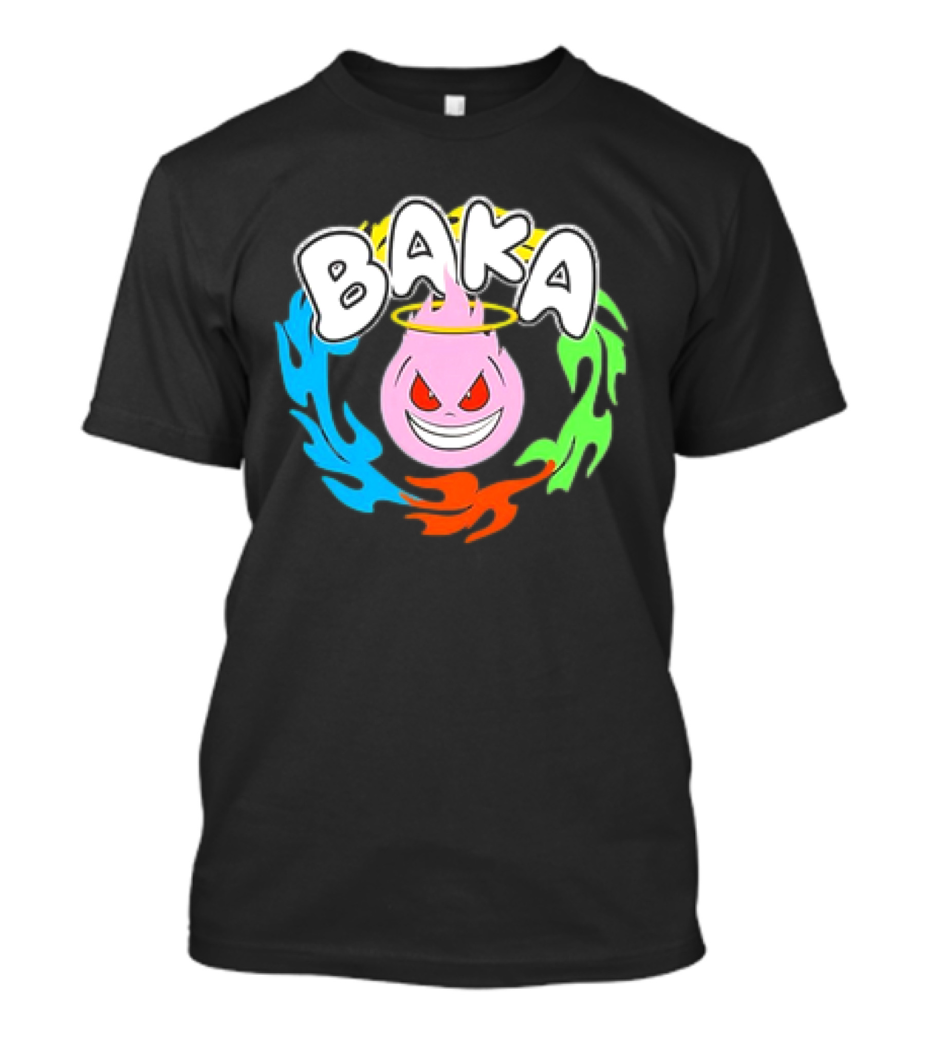 Baka Cartoon Flame With Mischievous Expression Surrounded By Colorful Fire Halo T-Shirt
