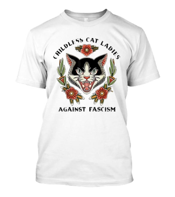 Childless Cat Ladies Against Fascism Fierce Cat Floral Emblem T-Shirt