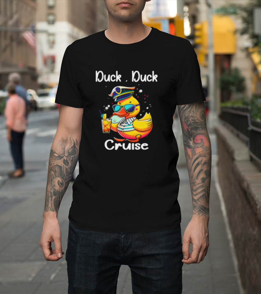 Duck Duck Cruise Family Cruising Matching Squad Captain Duck with Drink and Sunglasses T-Shirt