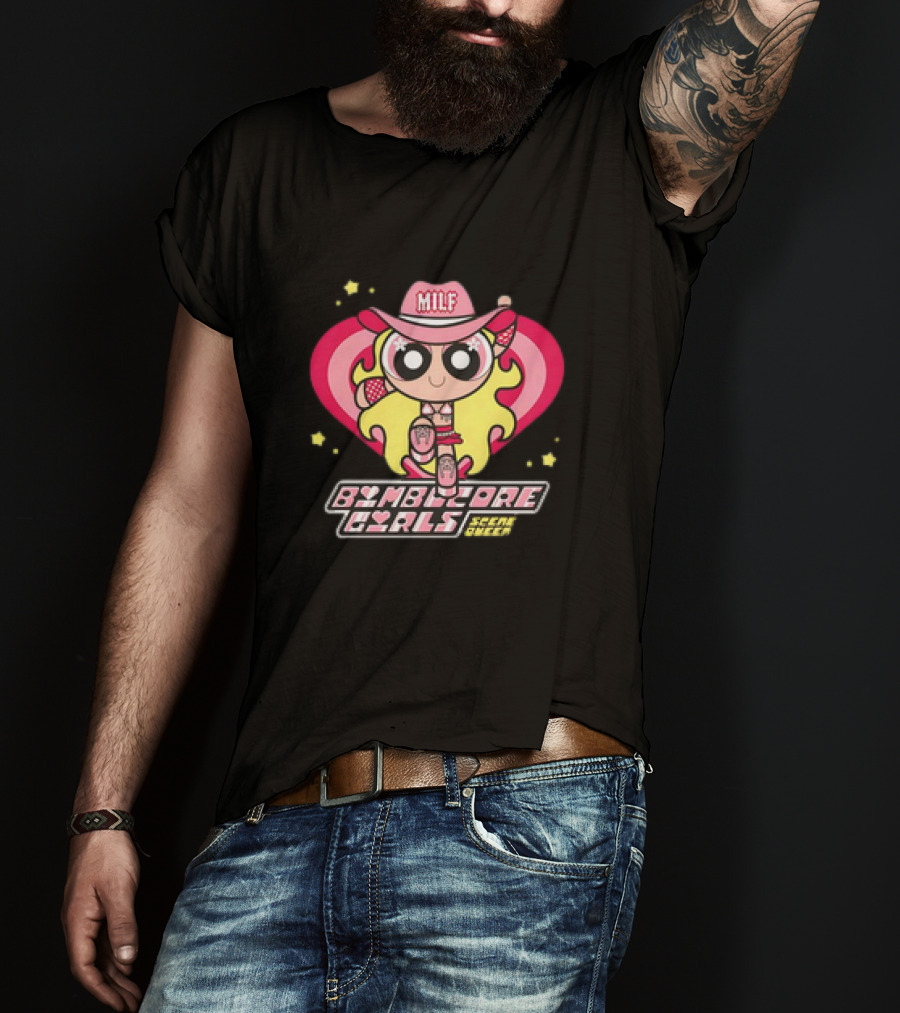 Bimbocore Girls Scene Queen Powerpuff MILF Cowboy Hat Pink Heart Flame T-Shirt