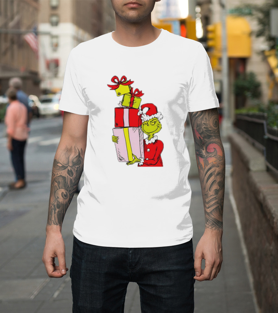Grinch With Stacked Christmas Gifts Santa T-Shirt