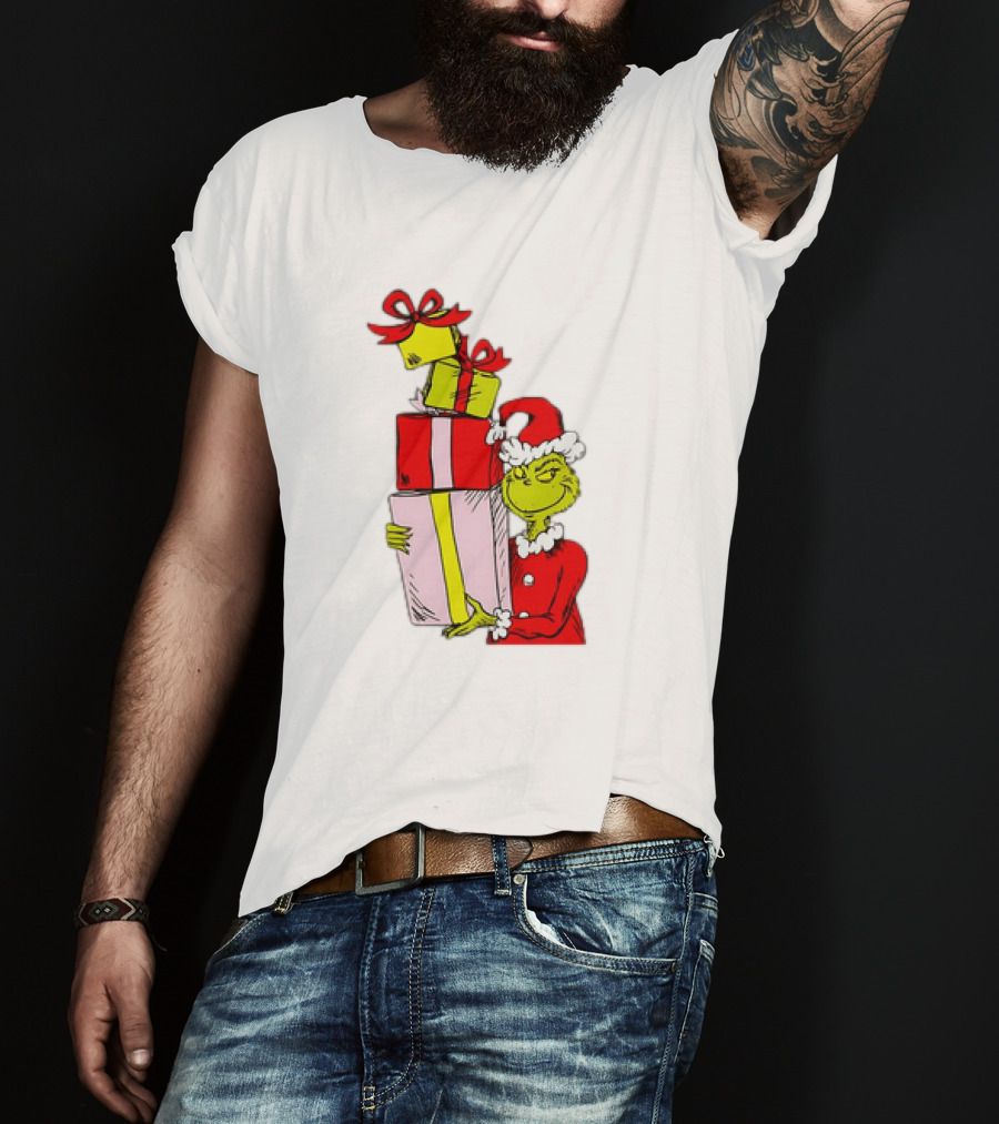 Grinch With Stacked Christmas Gifts Santa T-Shirt